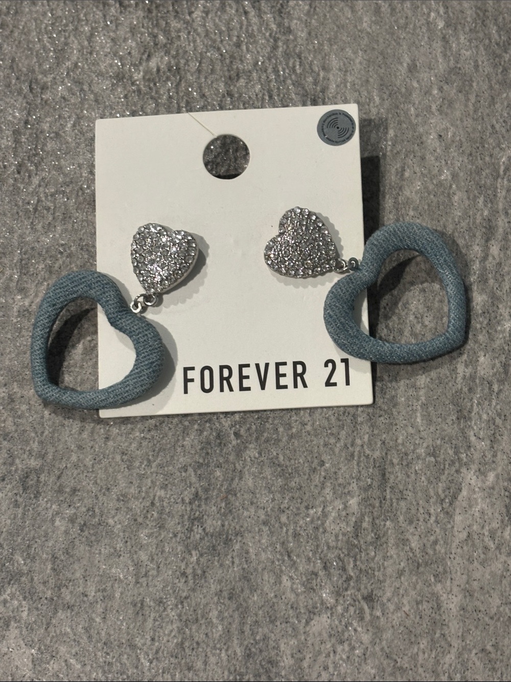 Vintage 1990s Forever 21 Silvertone Crystal & Blue Denim Heart Drop Earrings